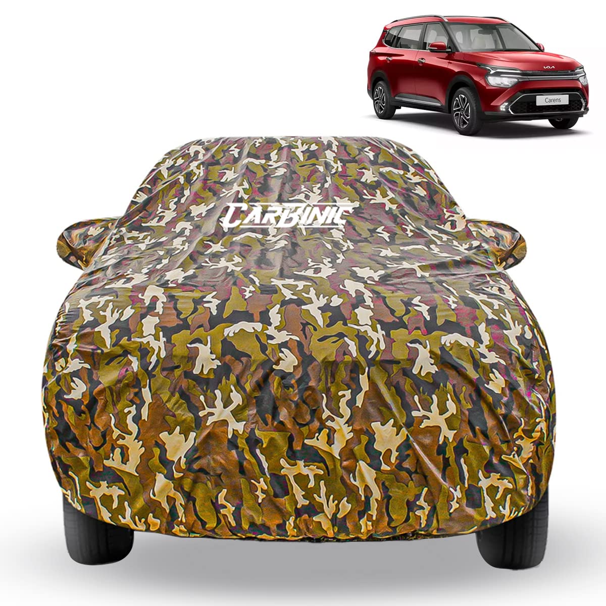 CARBINIC Waterproof Car Body Cover for KIA Carens 2022 | Dustproof, UV Proof Car Cover | Carens Car Accessories | Mirror Pockets & Antenna Triple Stitched | Double Layered Soft Cotton Lining, Jungle