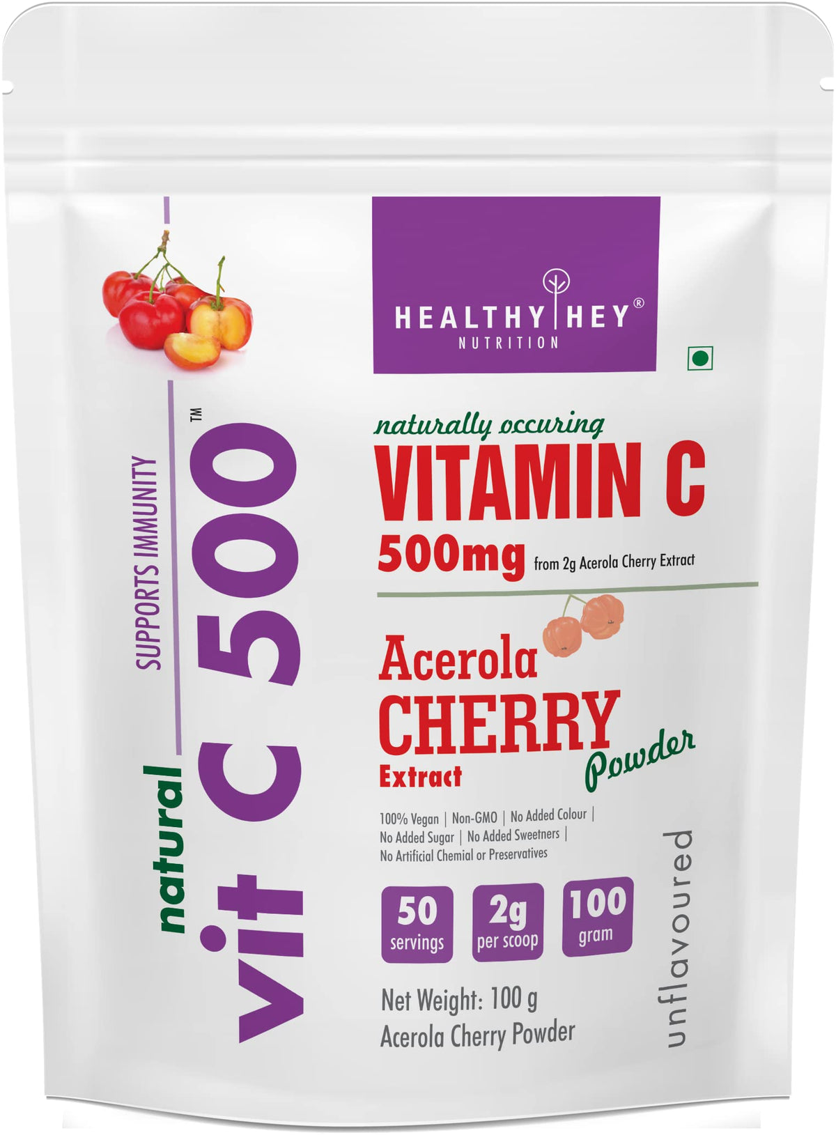 HealthyHey Nutrition Natural Vit C 500 - Natural Vitamin C sourced from Acerola Cherry Extract Powder - Support Immunity - 100gm Powder (Unflavoured)