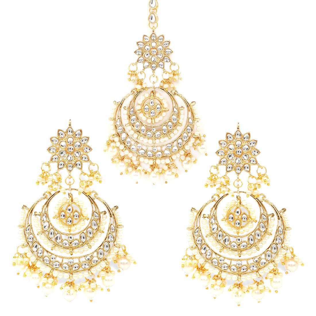 Yellow Chimes Traditional Chandbali Earrings Gold Plated Ethnic Kundan & Pearl Earring & Maangtikka Set for Women & Girls