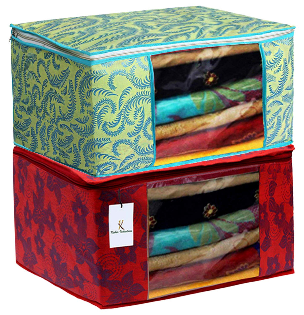 Kuber Industries Metalic Printed 2 Piece Non Woven Fabric Saree Cover Set with Transparent Window, Extra Large, Green & Red -CTKTC040788