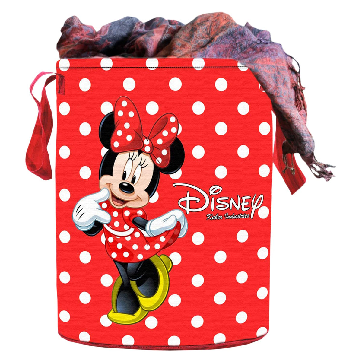 Kuber Industries Minnie Print Polyester Laundry Basket/Clothes Hamper For Laundry Closet, Bathroom With Handle 45 liter (Red)