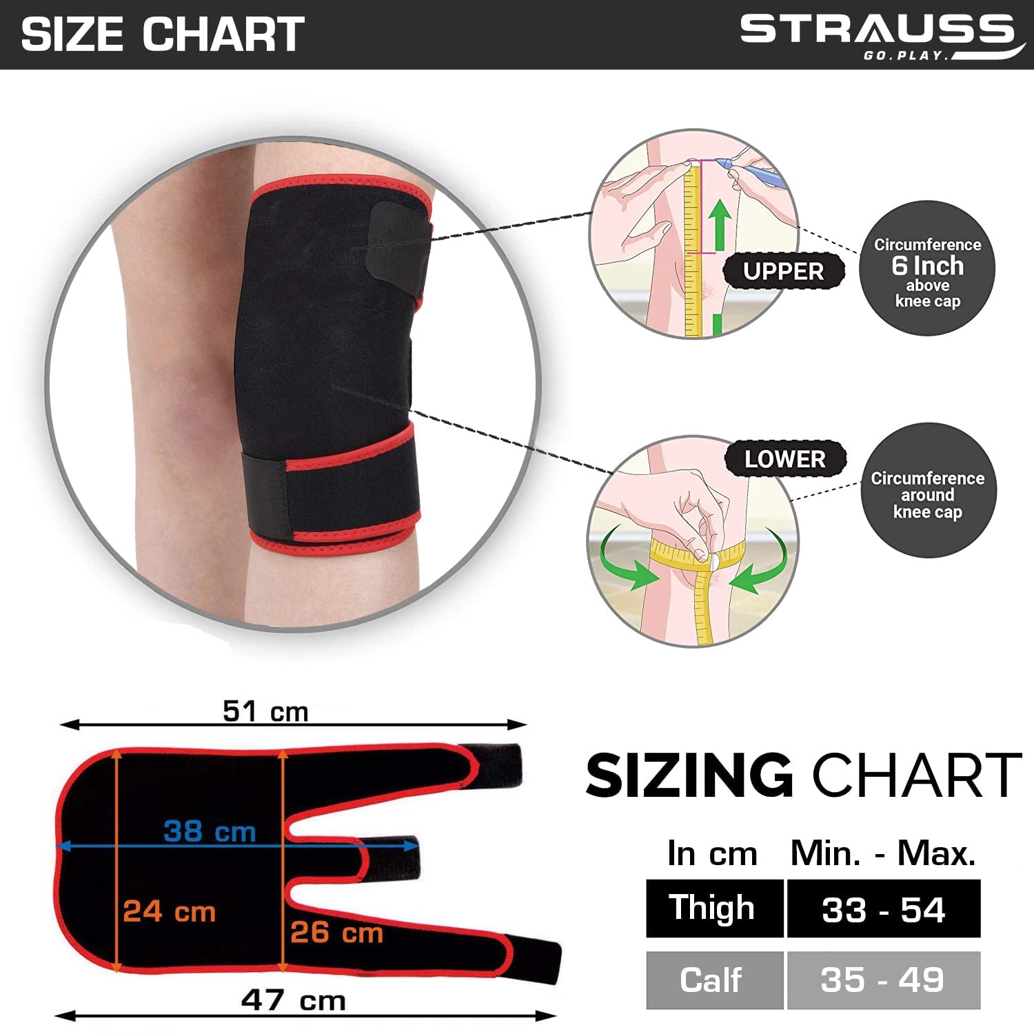 Strauss Adjustable Knee Support, Pair (Free Size, Black), (Pack of 2)