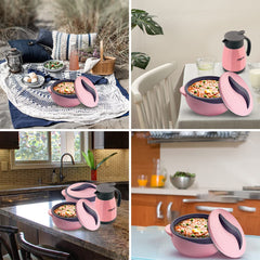 Pinnacle Parisa Vaccum Insulated Carafe & Inner Stainless Steel Casserole Set of 3 | 1000ml, 1500ml | 500ml Carafe | Hot Box | Roti Box | Thermos Flask | Pink
