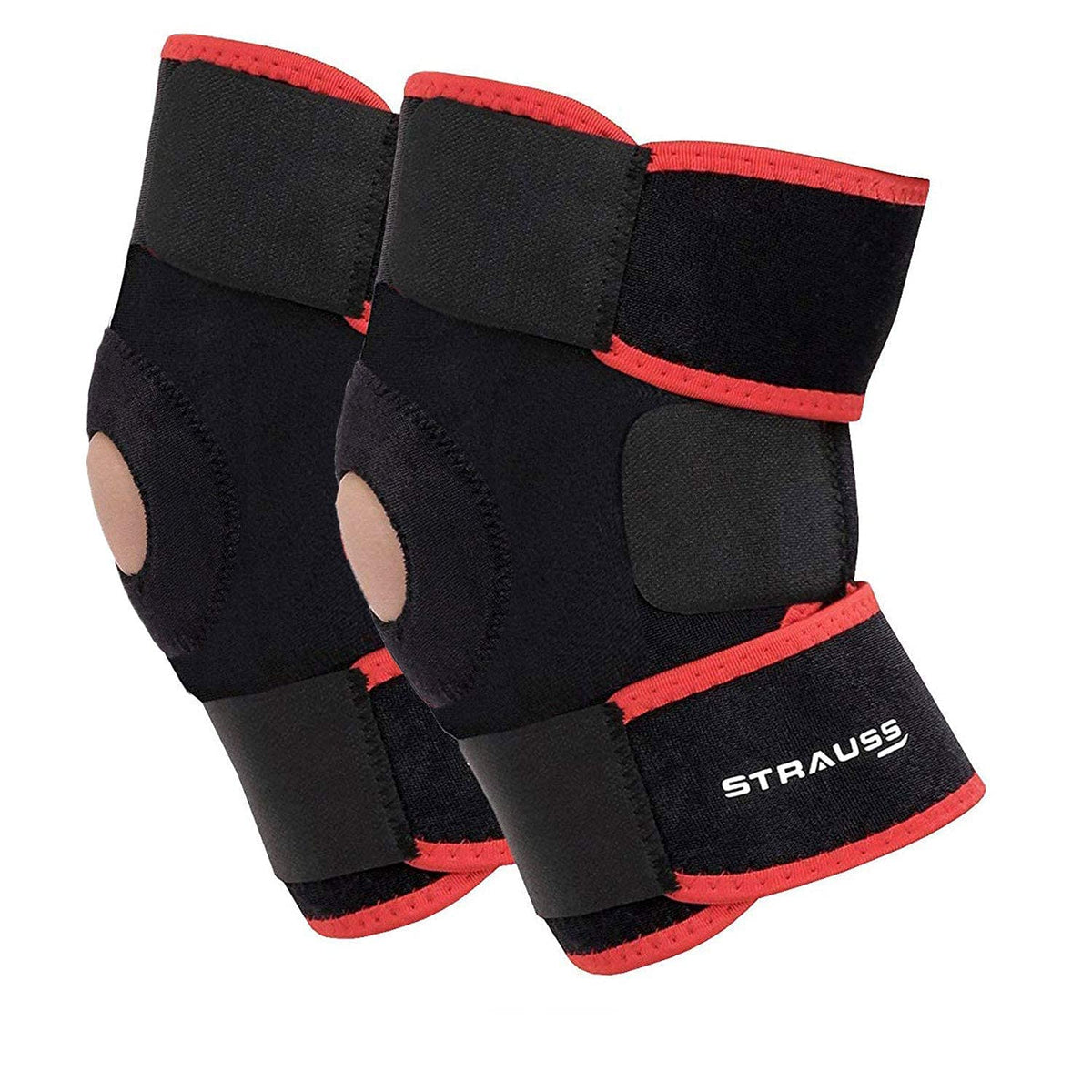 STRAUSS Adjustable Knee Support Patella, Free Size (Black/Red), Pair
