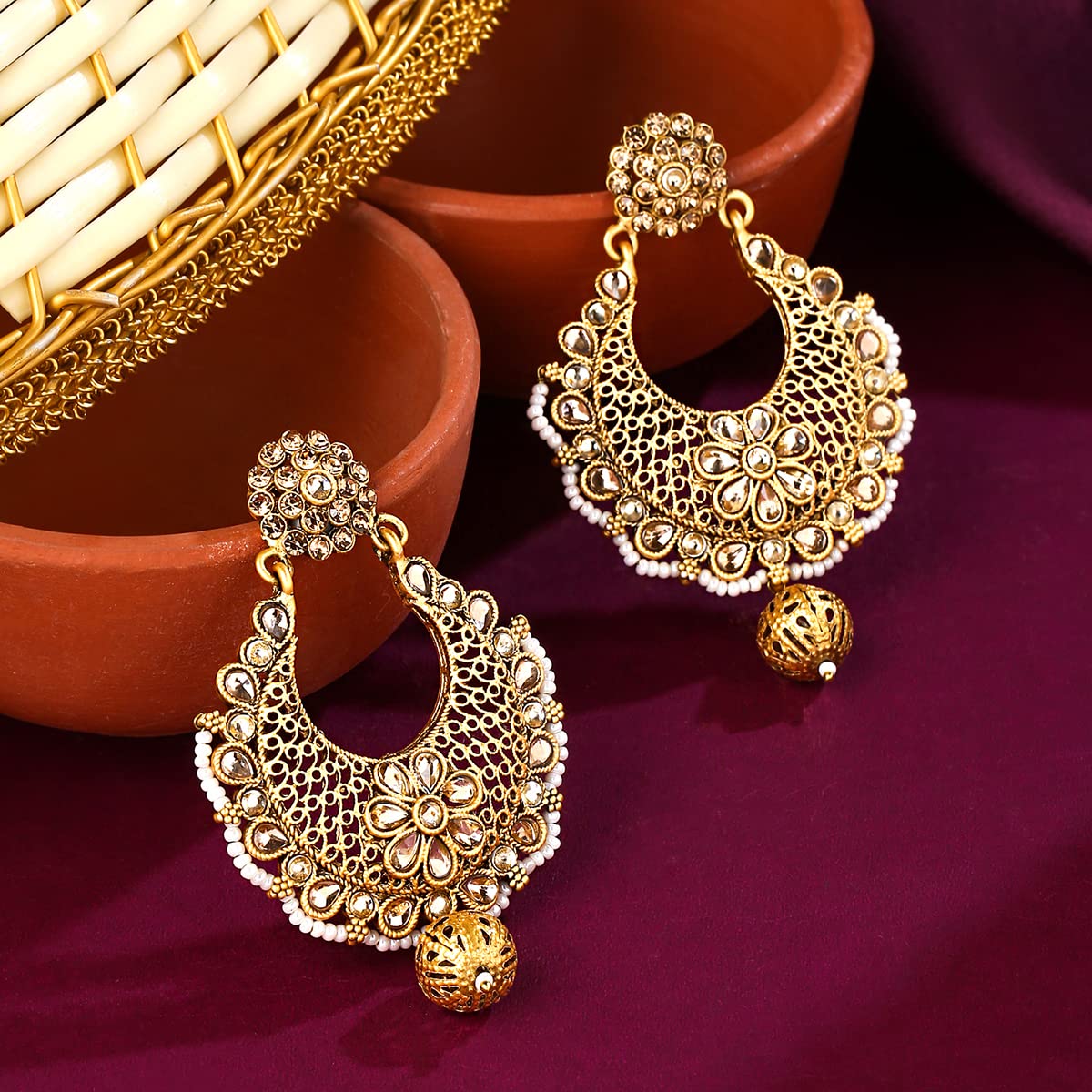 Long 3 segmented chand bali earring with white beads in glass polki – Odara  Jewellery