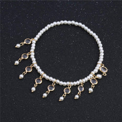 Yellow Chimes Latest Fashion Crystal Tassels Peal String 2 PC Stretchable Anklet for Women and Girls
