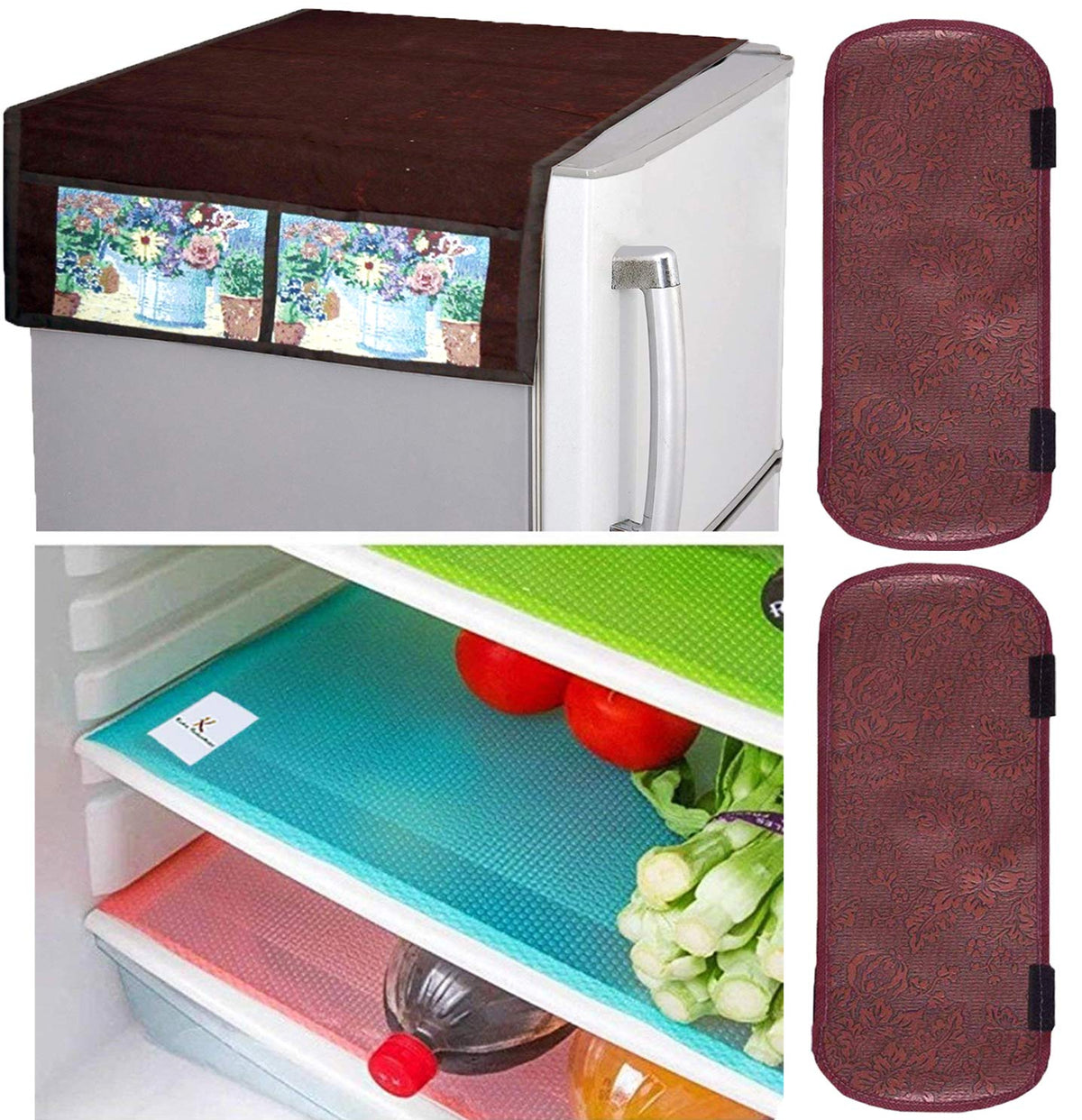 Kuber Industries PVC 3 Pieces Fridge Mats, 2 Piece Handle Cover and 1 Piece Fridge Top Cover (Brown) - CTKTC032852