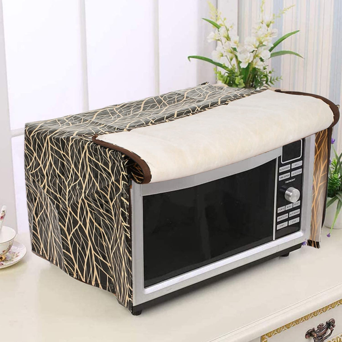 Heart Home PVC Leaf Printed Microwave Oven Cover,25 LTR. (Brown)-50HH01246