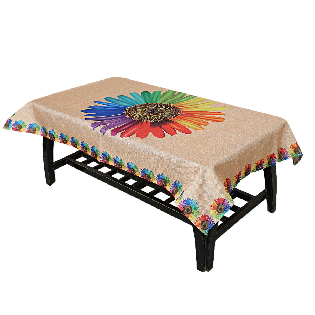 Kuber Industries Sun Flower Design Jute Rectangular 4 Seater Center Table Cover|Size 150 x 100 x 1 CM (Gold)