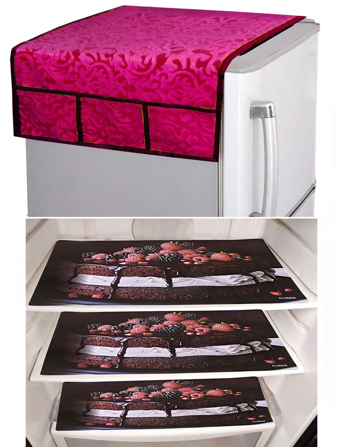 Kuber Industries PVC 3 Pieces Fridge Mats and 1 Piece Fridge Top Cover (Maroon)-CTKTC32803