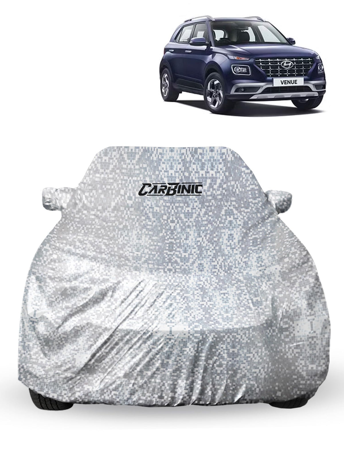 CARBINIC Car Cover for Hyundai Venue2019 Waterproof (Tested) and Dustproof Custom Fit UV Heat Resistant Outdoor Protection with Triple Stitched Fully Elastic Surface | Silver with Pockets