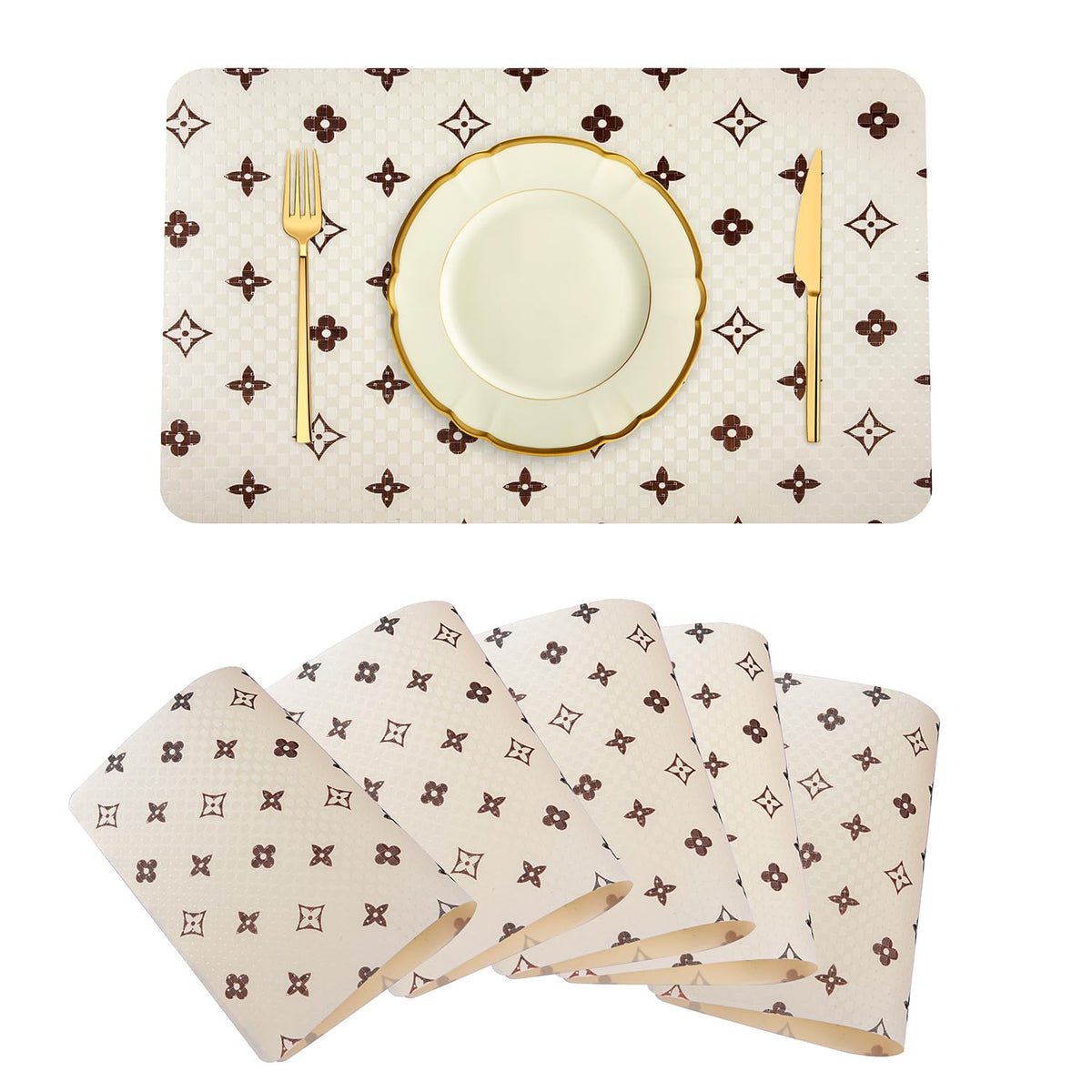Heart Home Placemat | Placemats for Dining Room | Anti-Slip Table Mat Set | Placemats for Kitchen Table | Dining Table Placemats | Brown Star-Design Placemat | 6 Piece Set | Cream