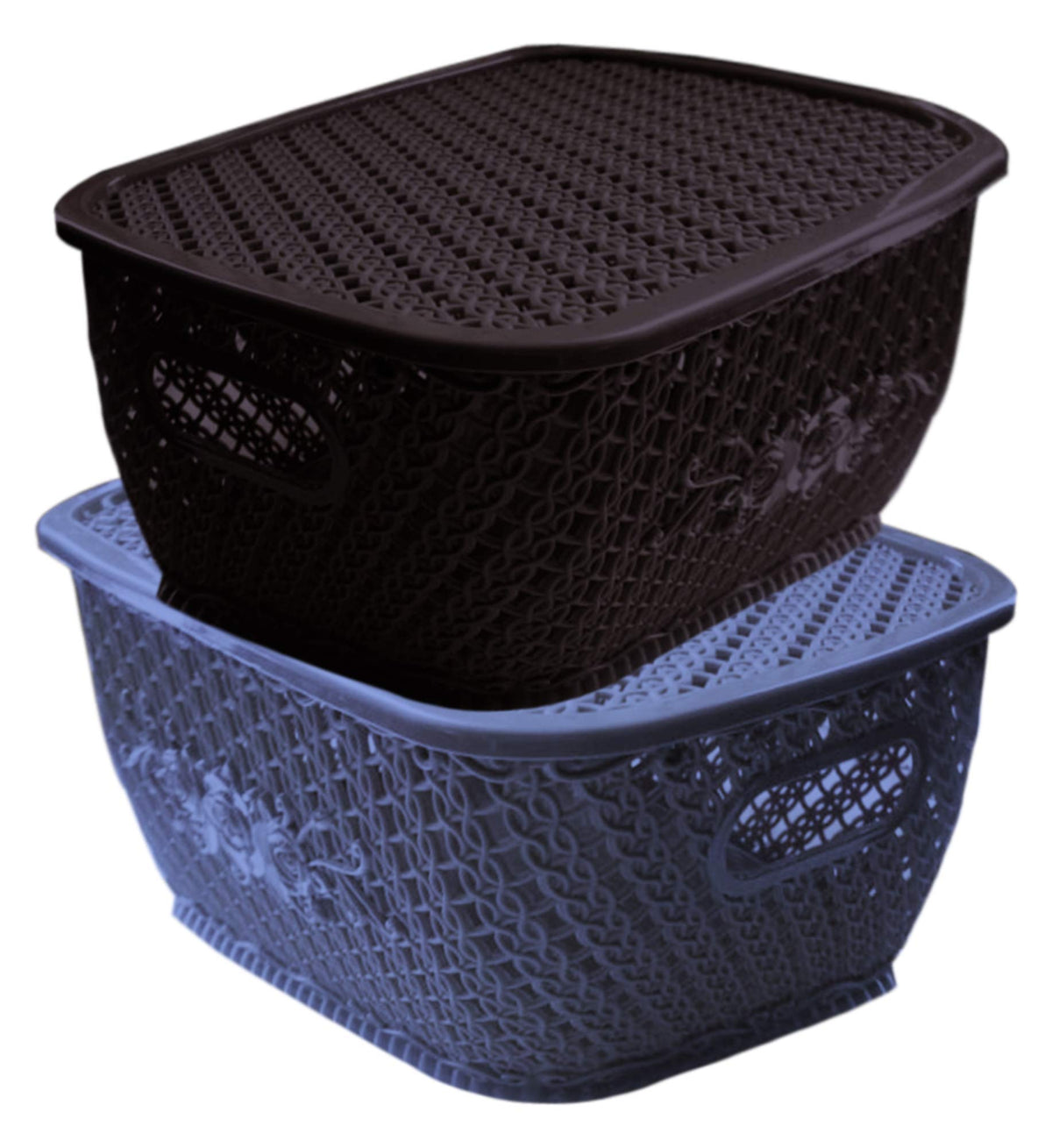 Kuber Industries Plastic 2 Pieces Large Size Multipurpose Solitaire Storage Basket for Kitchen, Office, Bedroom, Bath Room with Lid (Brown & Grey) CTKTC34344