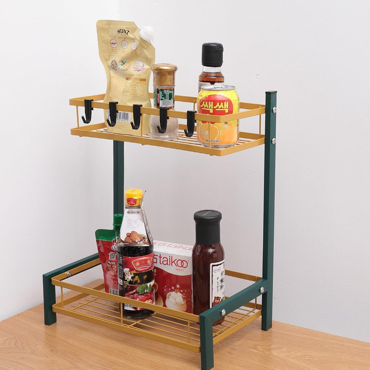 Plantex 2-Layer Dish Drying Rack|Storage Rack for Kitchen Counter|Drainboard & Cutting Board Holder|Premium Utensils Basket (Green & Gold)
