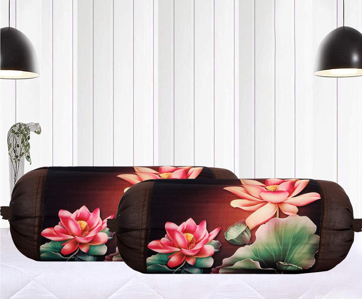 Heart Home Flower Design Cotton 2 Pieces Bolster Cover Set (Brown)- CTHH03731