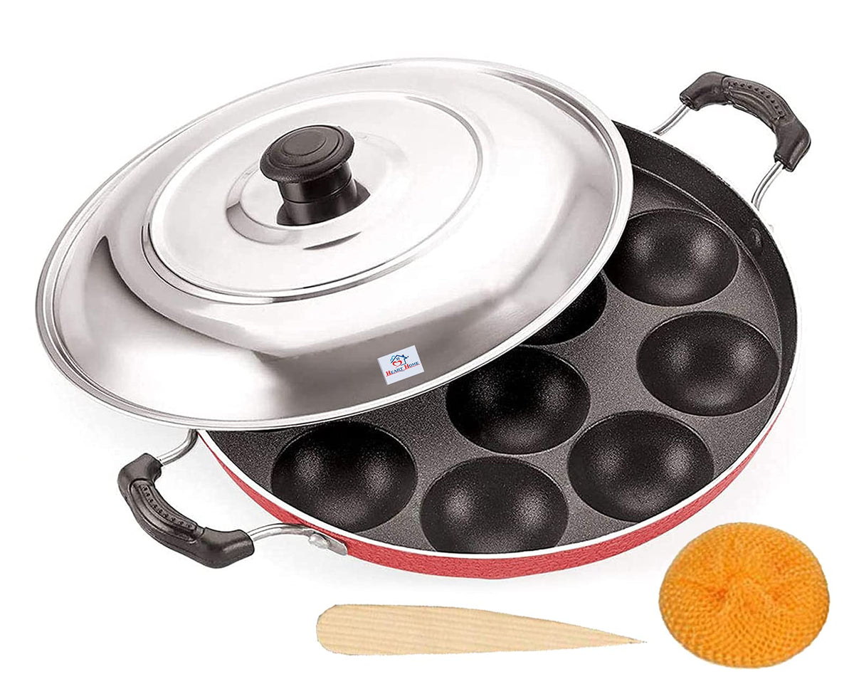 Heart Home NonStick Appam Pan with Stainless Steel Lid & Wooden Picker (Maroon)-HS40HEARTH23995