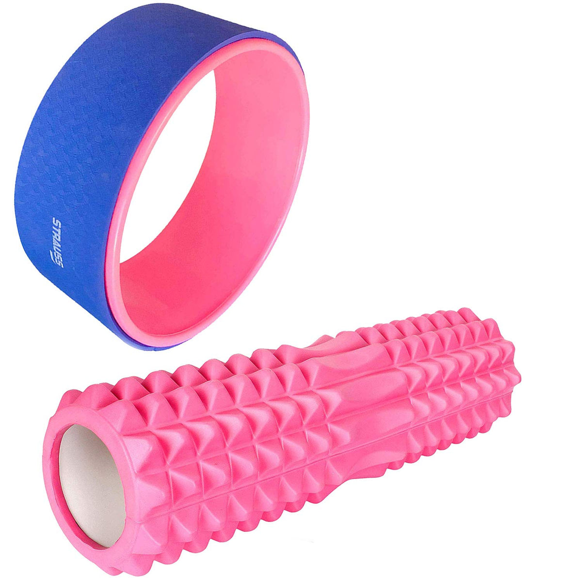 Strauss ST-1442 Grid Foam Roller (Pink), 33 CM and Yoga Wheel, (Blue)