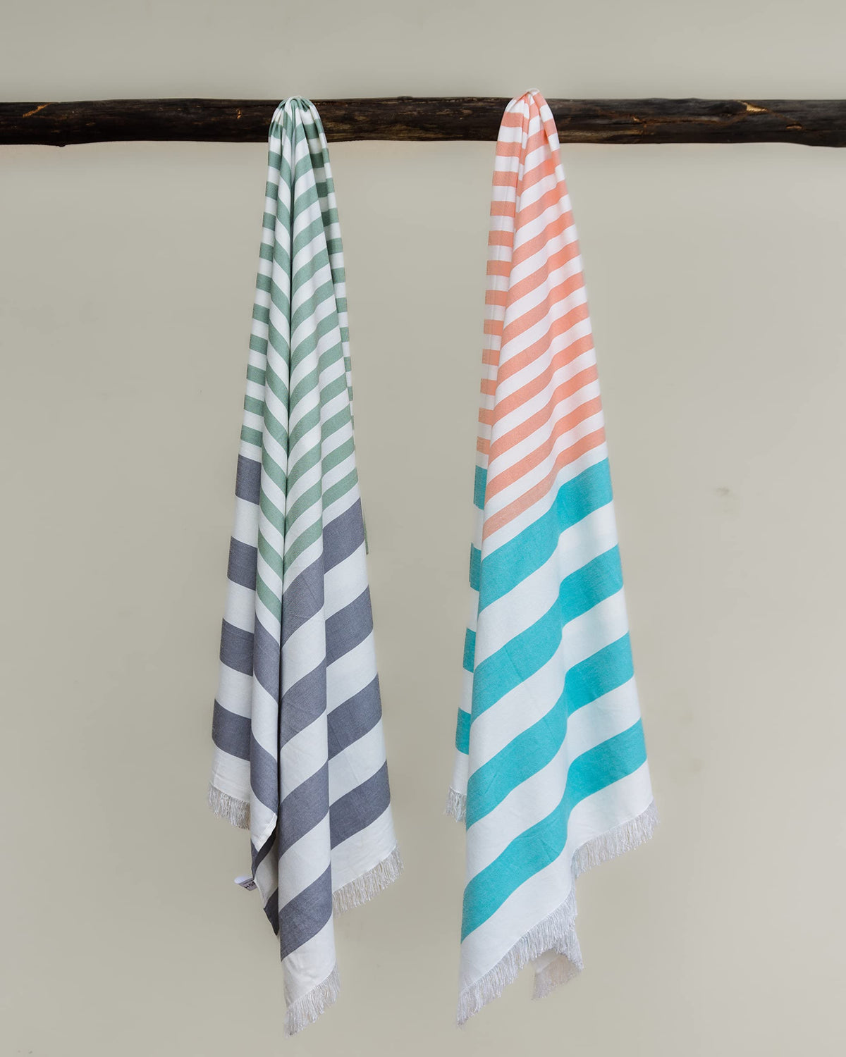 Mush Extra Large Cabana Style Turkish Towel 100% Bamboo - (90 x 160 cms) - Ideal for Beach, Bath, Pool etc (Light Green-Grey & Peach-Turquoise, 2)