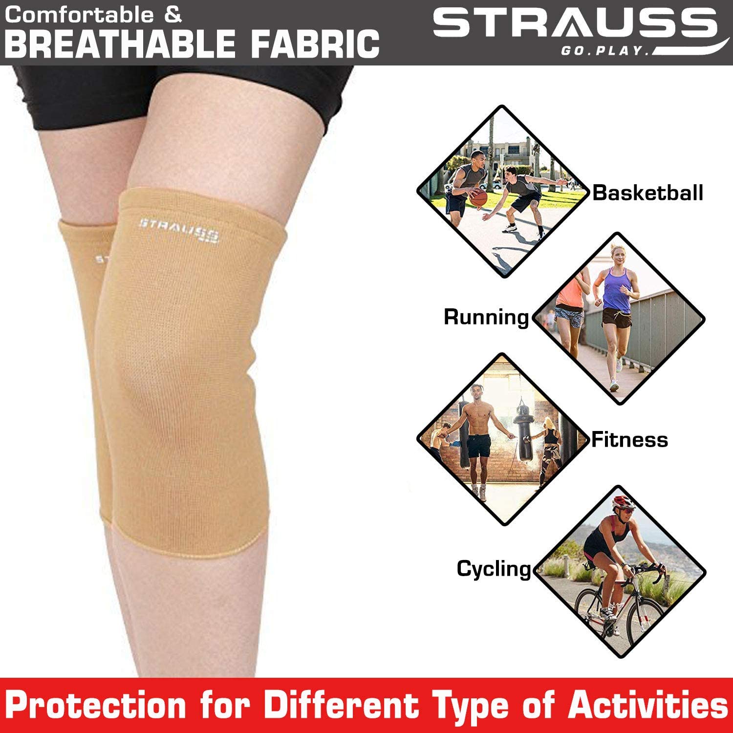 STRAUSS Elastic Knee Cap Support | Support for Ankle, Knee, Elbow Pain Relief, Sports & Workout | Can Be Used For Squats and Powerlifting | Medium,1Pair,(Beige)