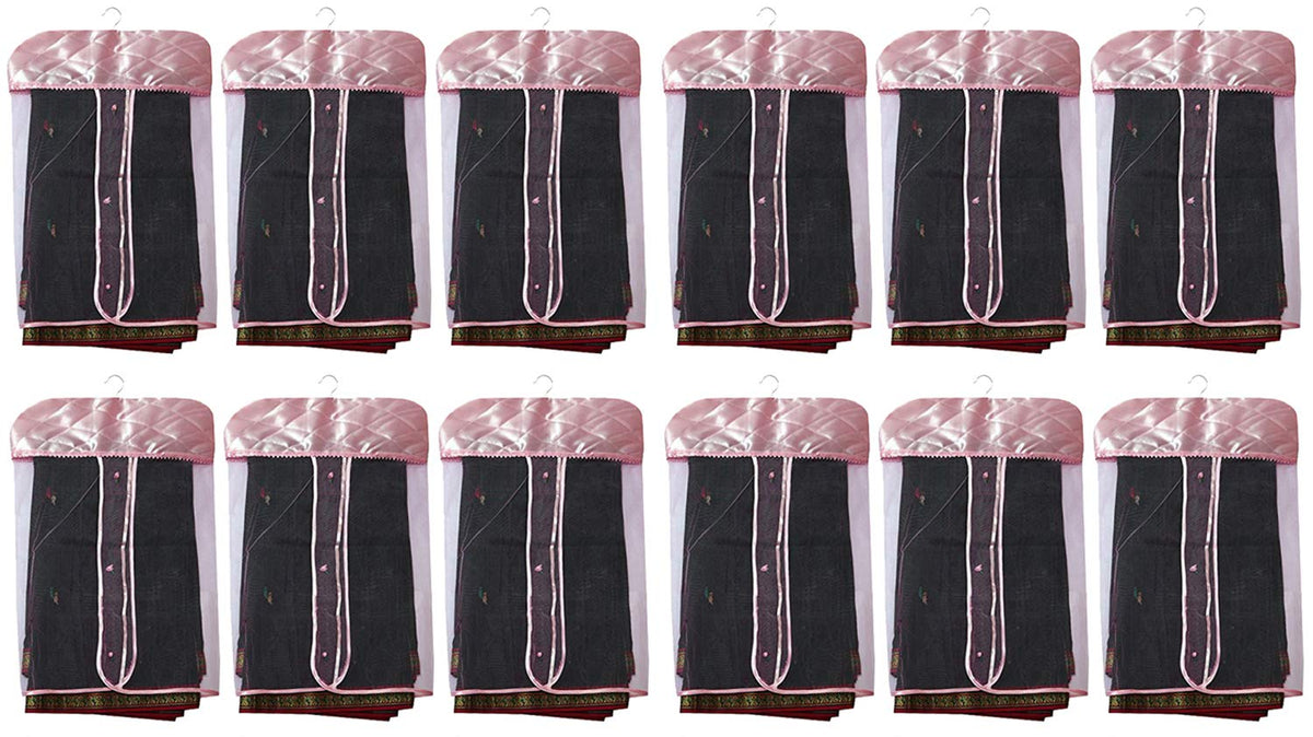 Kuber Industries Satin 12 Pieces Hanging Saree Cover Set (Pink)-CTKTC13503