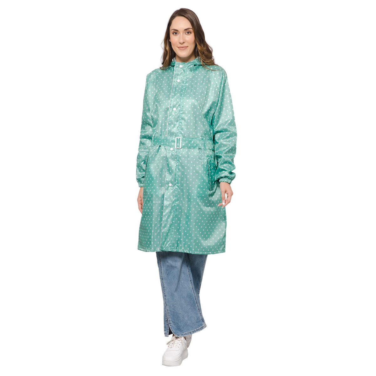 THE CLOWNFISH Raincoats for Women Rain Coat for Women Longcoat Raincoat for Ladies Waterproof Reversible Double Layer. Dotty Delight Series (Green, XXX-Large)