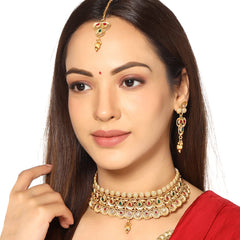 Yellow Chimes Jewellery Set For Women Gold Plated Crystal Studded Floral Designed Traditional Choker Necklace Set with Earrings and Mangtikka For Women and Girls