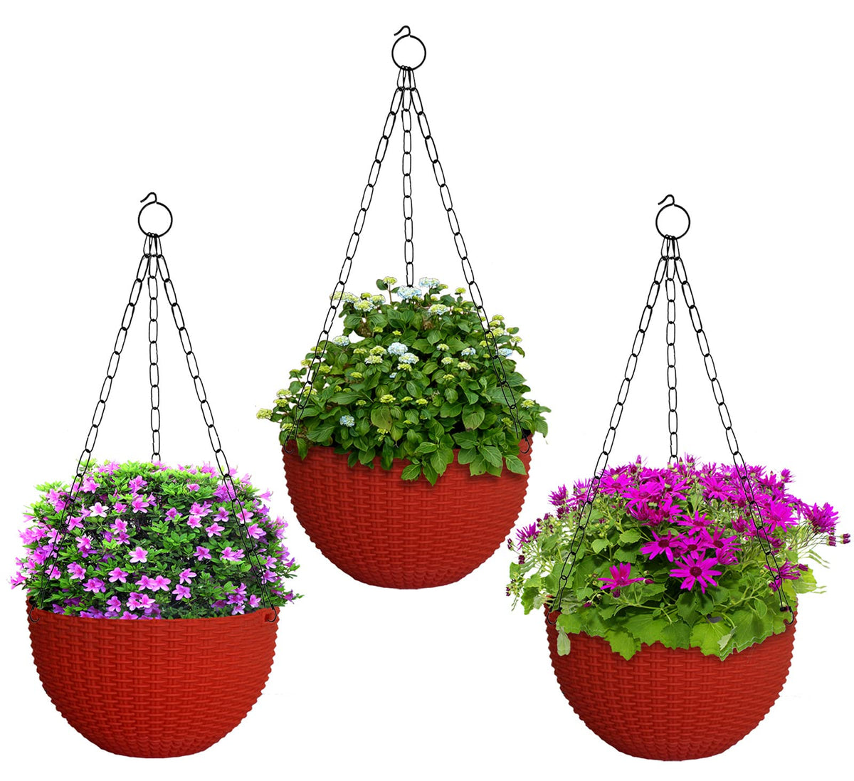 Kuber Industries Plastic Hanging Flower Pot for Balcony & Railing Set of 3 (Red) 53KM3824