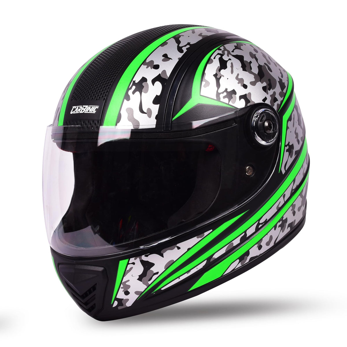 CARBINIC Nickel Series Full Face Helmet for Men & Women | ISI Certified | Clear & Scratch Resistant Visor | Lightweight & Stylish | Medium | Green Graphic