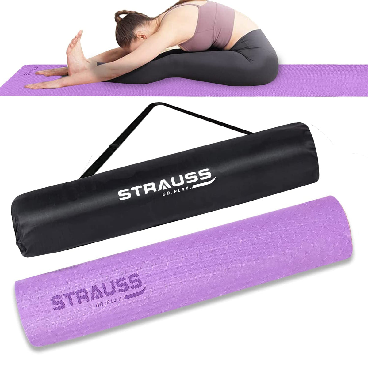 STRAUSS TPE Dual Layer Yoga Mat| Exercise Mat for Yoga,Pilates & Gym| Lightweight & Eco-Friendly Material | Yoga Mat for Women and Men |Ideal for Home Gym Workout |Includes Carry Bag | 4MM,(Purple)