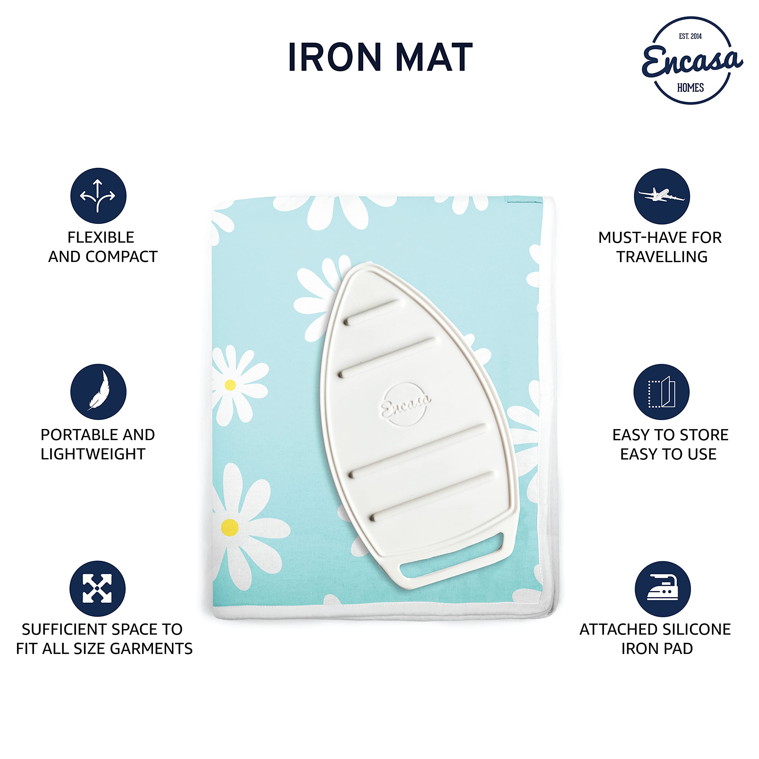 Encasa Homes Ironing Mat (Large 120 x 70 cm) with 3mm Felt Padding, Silicone Iron Rest Protector, Steam Press on Table, Bed, Portable, Heat Reflective, Foldable, Washable, Printed - Big Leaves Blue