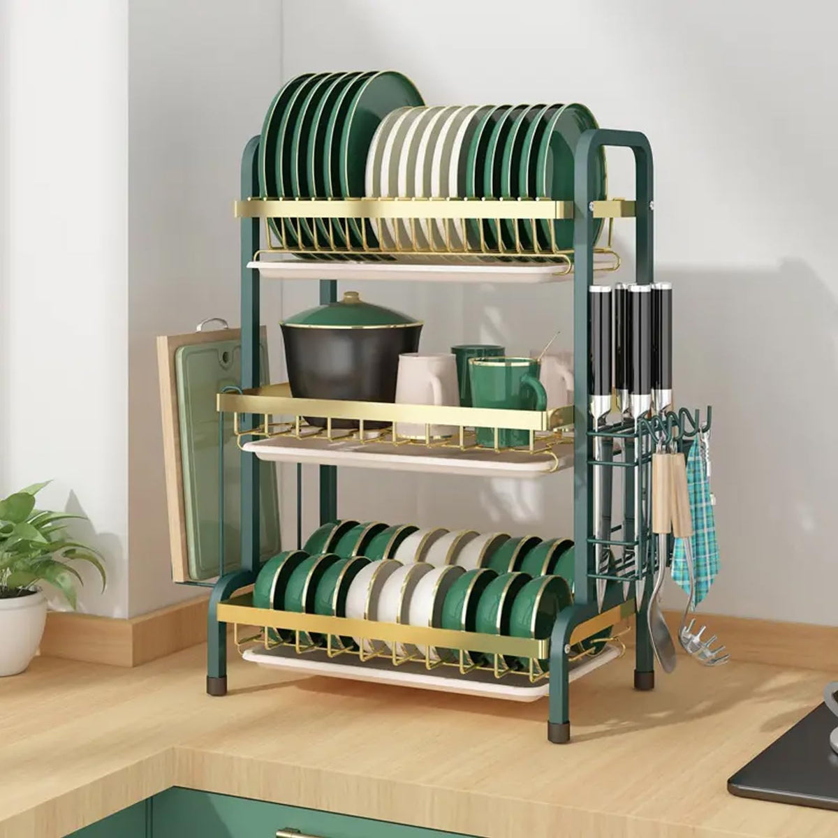 Plantex 3-Layer Dish Drying Rack|Storage Rack for Kitchen Counter|Drainboard & Cutting Board Holder|Premium Utensils Basket (Gold & Dark Green)