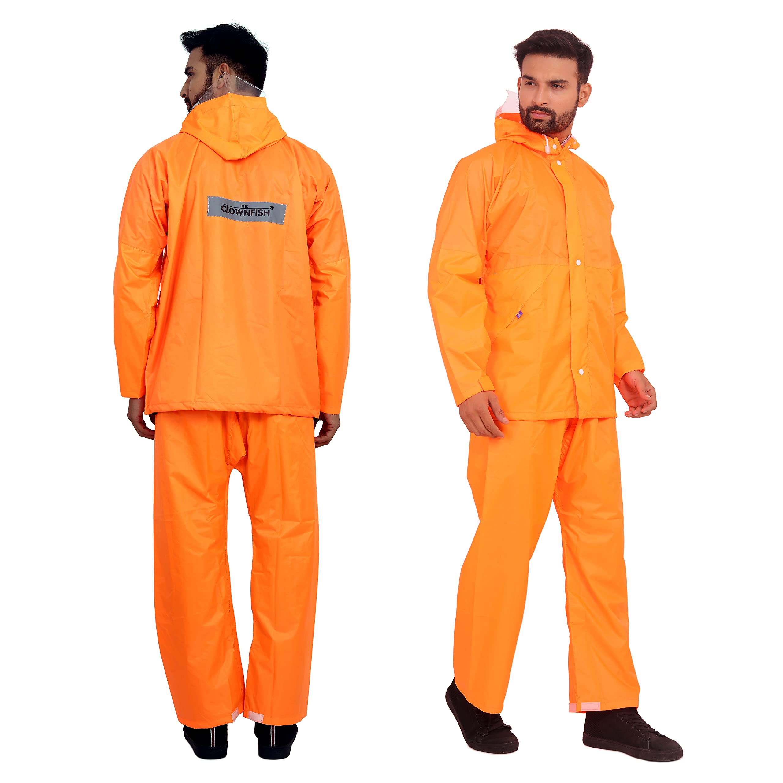 THE CLOWNFISH Rain Coat for Men Waterproof for Bike Raincoat for Men with Hood. Set of Top and Bottom. Classic Series (Orange, Large)