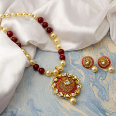 Yellow Chimes Latest Modern Pearl Kundan Traditional Adorable Necklace With Stud Drop Earrings For Women (Red)