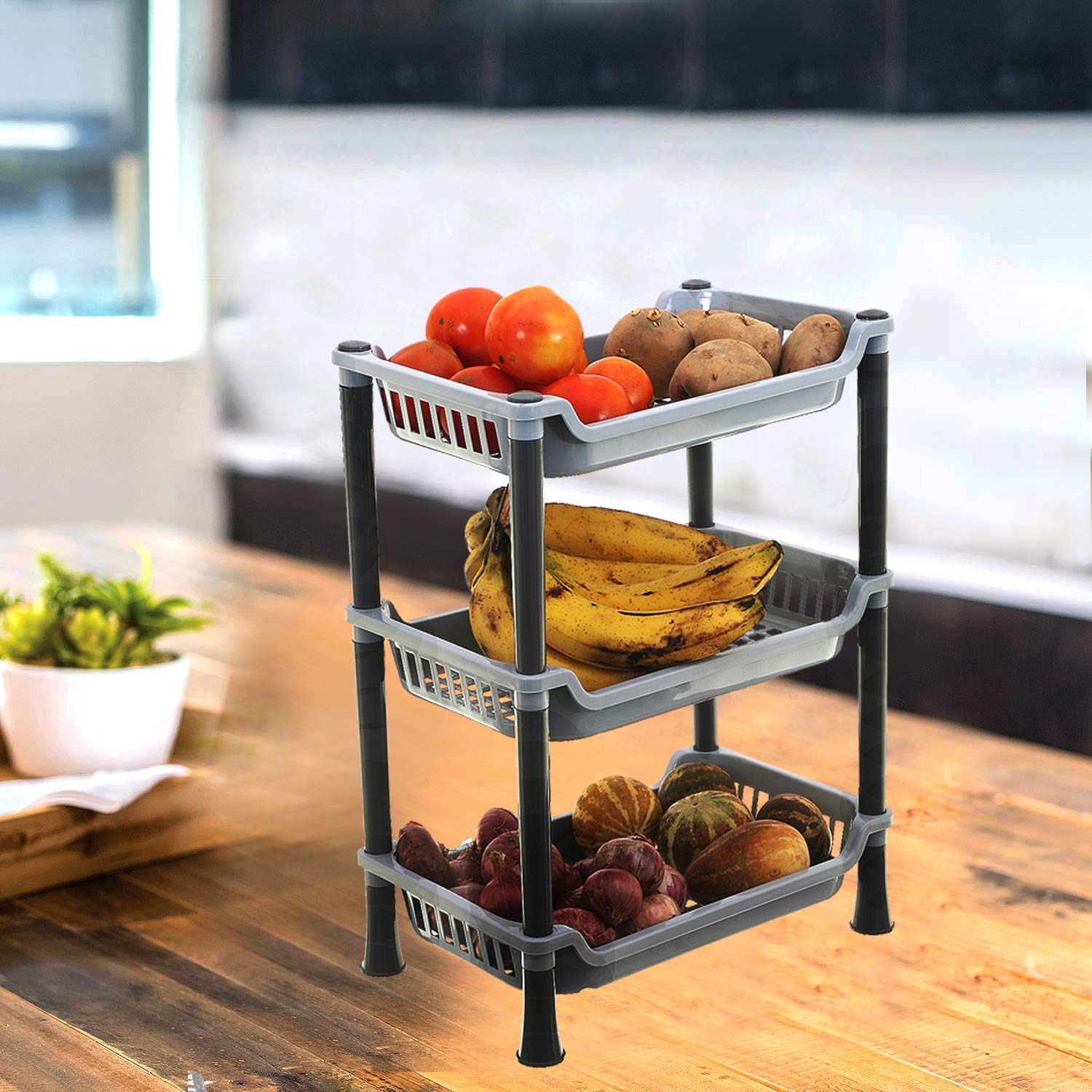 Kuber Industries Plastic 3 Layer Multi-Purpose Kitchen Storage Basket Rack (Grey) - CTKTC030659