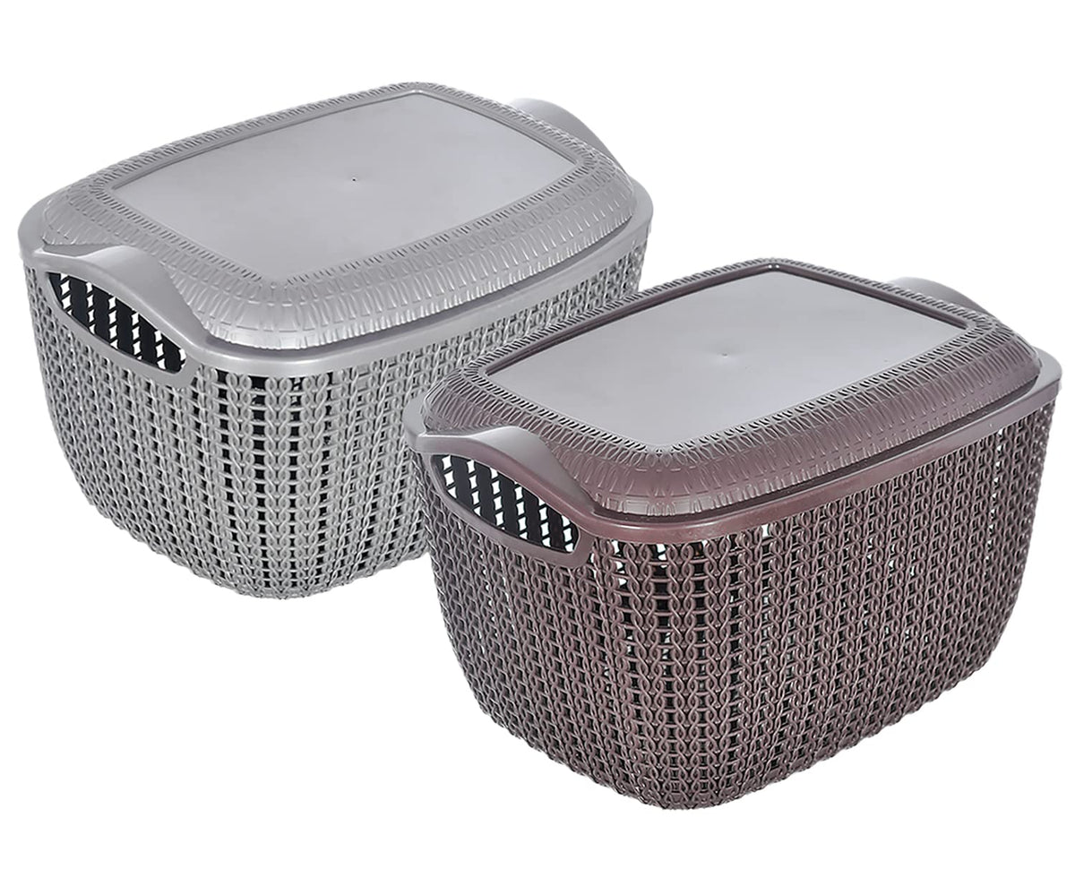 Heart Home Multiuses Large M 30 Plastic Basket/Organizer with Lid- Pack of 2 (Grey & Brown) -46KHH021