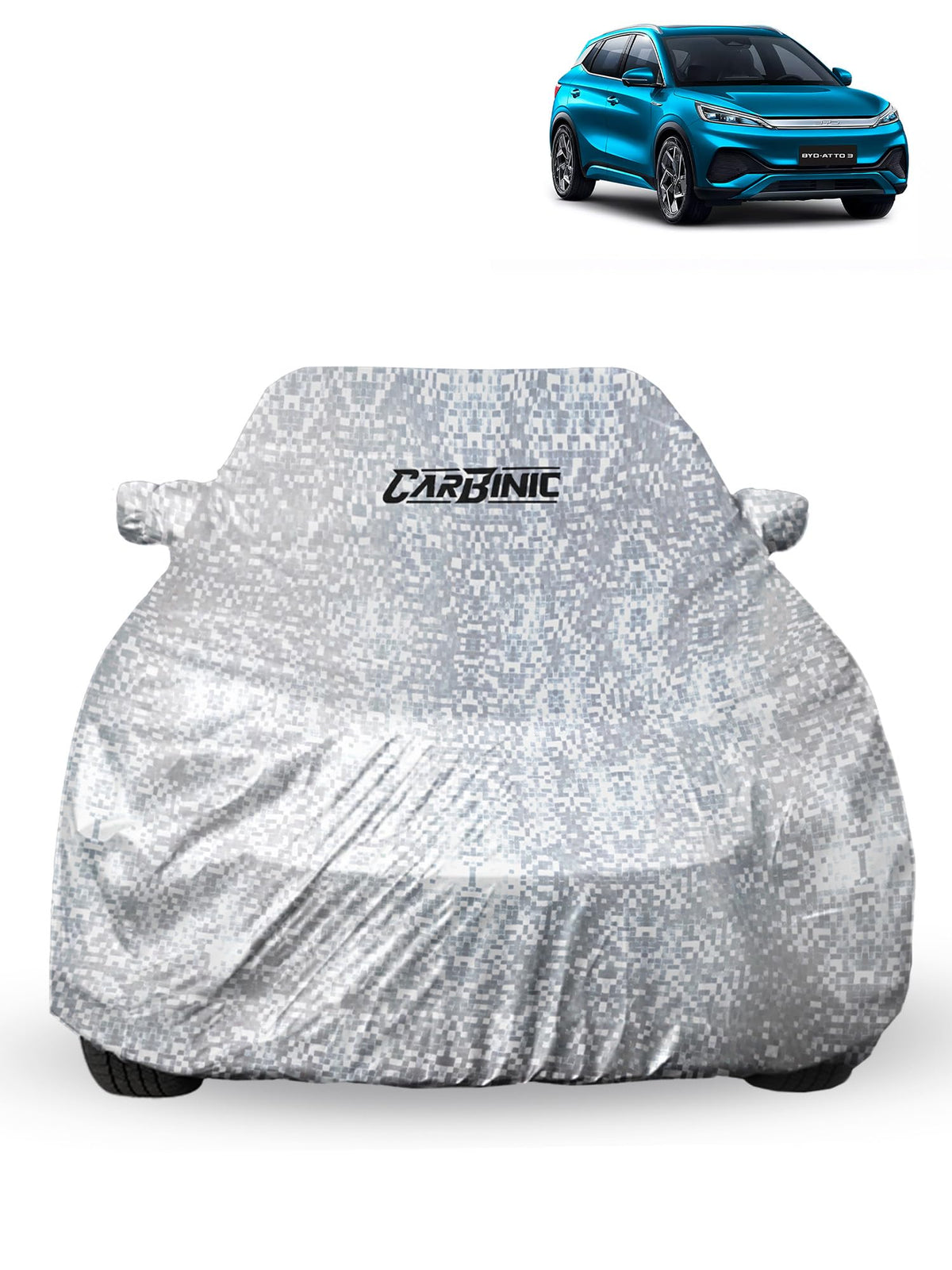 CARBINIC Car Cover for BYD Atto2023 Waterproof (Tested) and Dustproof Custom Fit UV Heat Resistant Outdoor Protection with Triple Stitched Fully Elastic Surface | Silver with Pockets