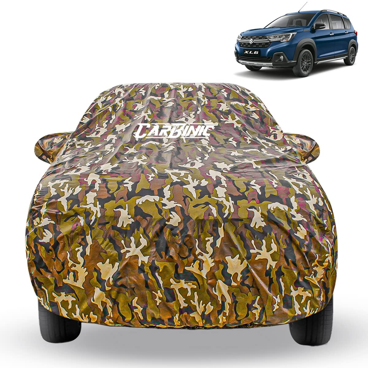 CARBINIC Waterproof Car Body Cover for Maruti Suzuki XL6 2019 | Dustproof UV Proof Car Cover | XL6 Car Accessories | Mirror Pockets & Antenna Triple Stitched | Double Layered Soft Cotton Lining Jungle
