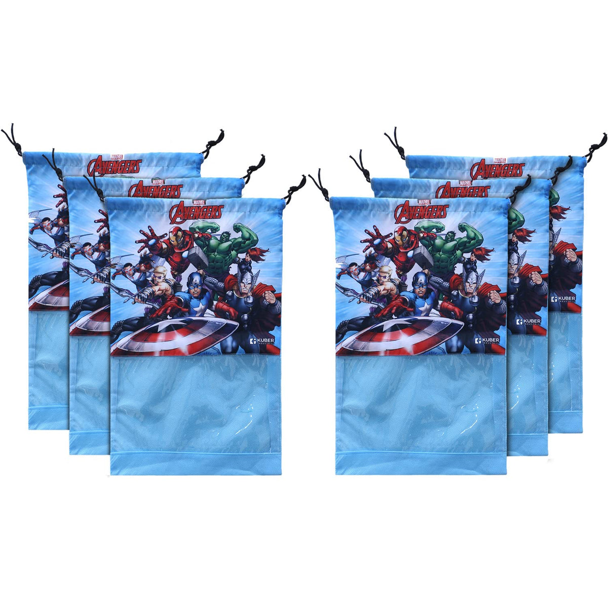 Kuber Industries Marvel Avengers Print Shoe Cover| Non-Woven Dust Proof Shoe Bag|Drawstring Sneakers Organizer & Transparent Front,Pack of 6 (Sky Blue)