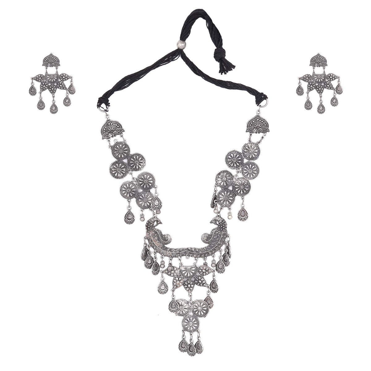 TEEJH Dira Antique Silver Polish Necklace Set for Women