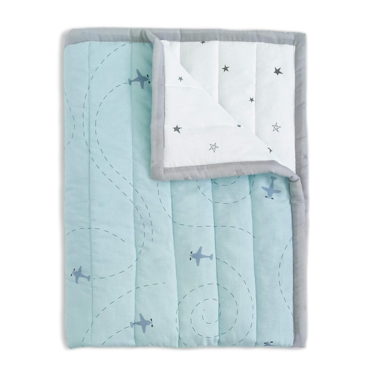The White Cradle Organic Cotton Baby Quilt/Blanket for Crib/Cot, Ultra Soft & Warm, Thick but Very Light, Reversible 2 Designs, Printed Muslin & Center Wadding, (59"x47") - Aeroplane