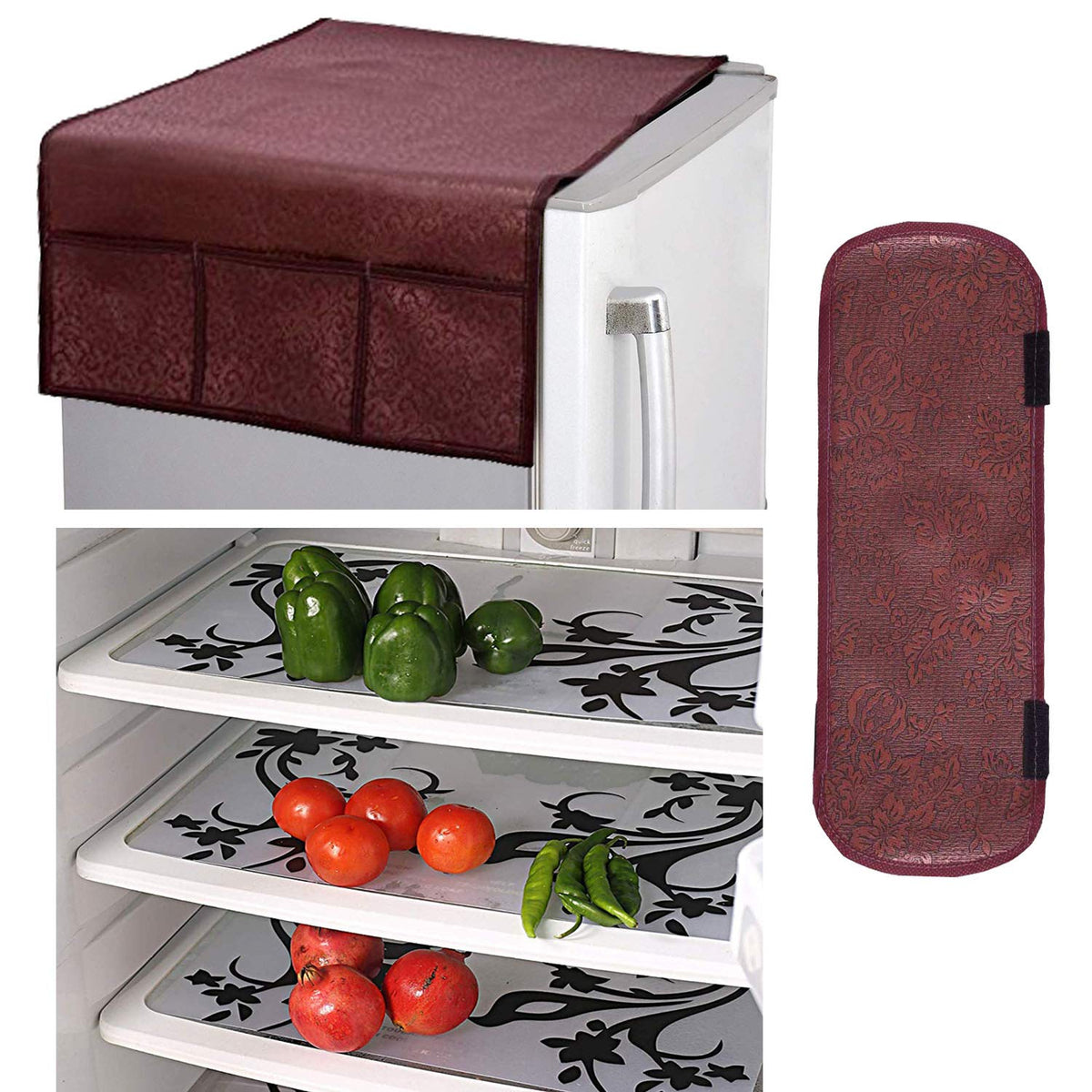 Kuber Industries PVC 3 Pieces Fridge Mats, 1 Piece Handle Cover and 1 Piece Fridge Top Cover (Maroon)-CTKTC14548