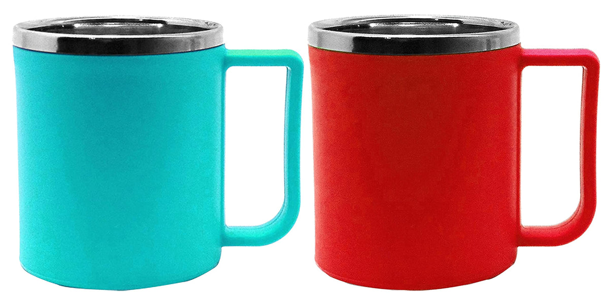 Kuber Industries Plastic Steel Cups for Coffee Tea Cocoa, Camping Mugs with Handle, Portable & Easy Clean, Set of 2 (Green & Red), Standard