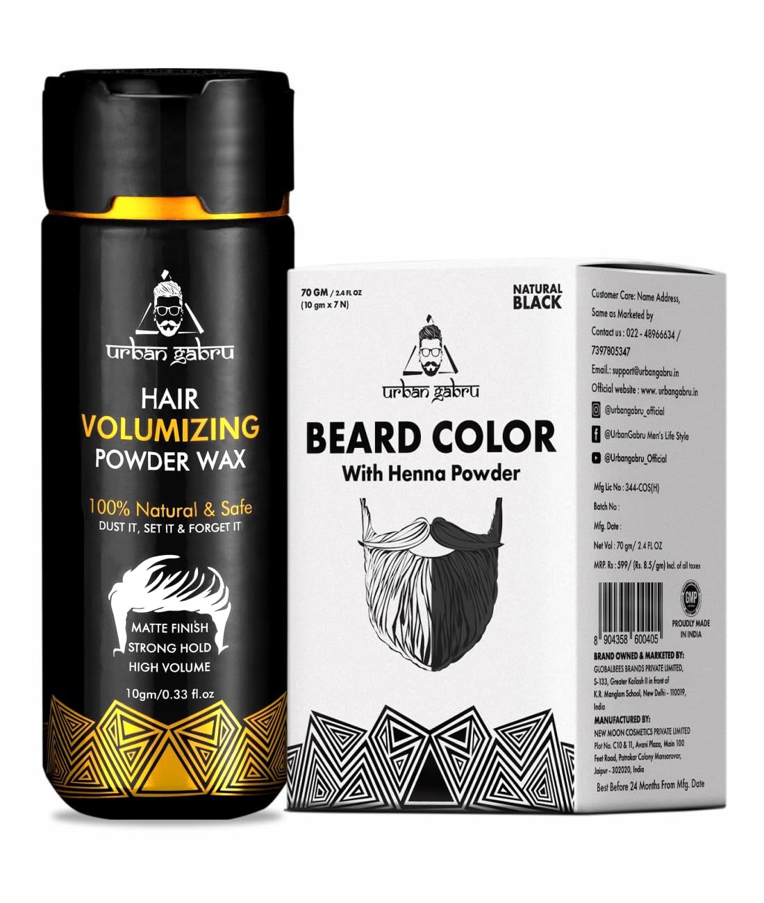 Urbangabru Hair Volumizing Powder 10 GM & Beard Color - Natural Heena Powder 70 GM - Men's Grooming Combo Kit