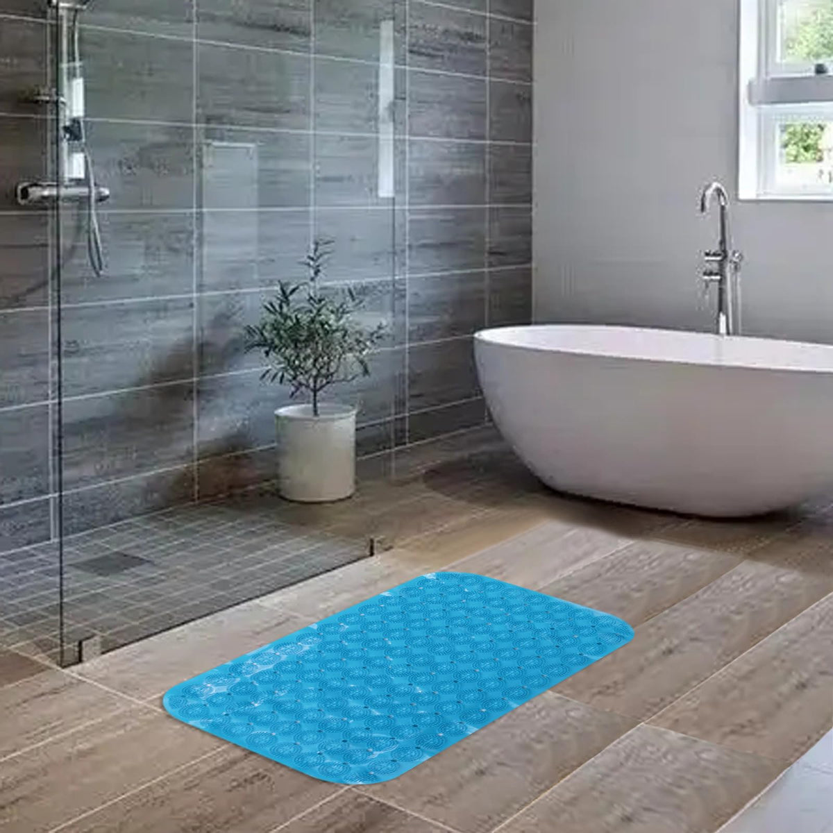 UMAI X SAVYA Home Anti Skid Bath Mat for Bathroom, PVC Bath Mat with Suction Cup, Machine Washable Floor Mat (67x37 cm) (Blue)