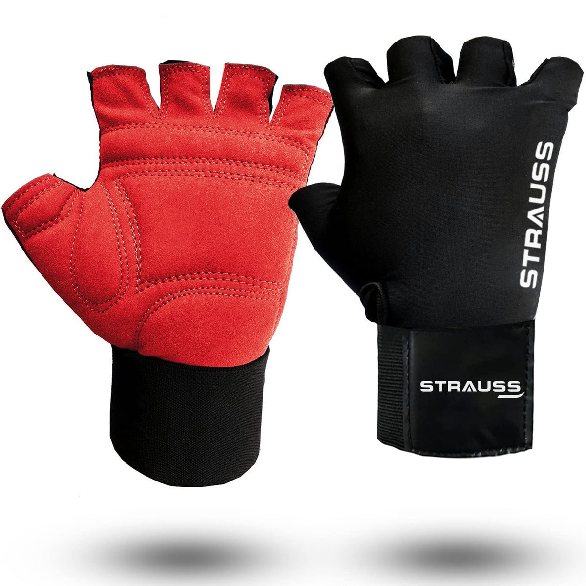 STRAUSS Suede Gym Gloves for Weightlifting, Training, Cycling, Exercise & Gym | Half Finger Design, 8mm Foam Cushioning, Anti-Slip & Breathable Lycra Material, (Red/Black), (Large)