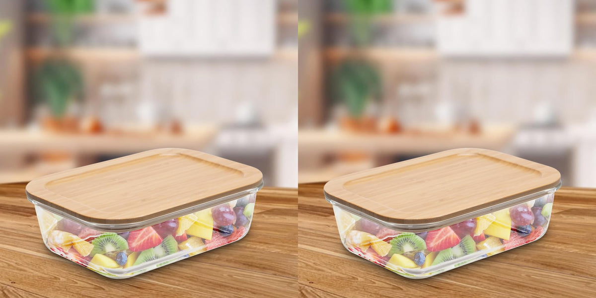 USHA SHRIRAM Borosilicate Food Container Bamboo lid (2Pcs - 1.05L each) | Baking Tray | Borsilicate Glass Container For Kitchen Storage | Microwave Safe | Glass Container With Wooden Airtight Lid