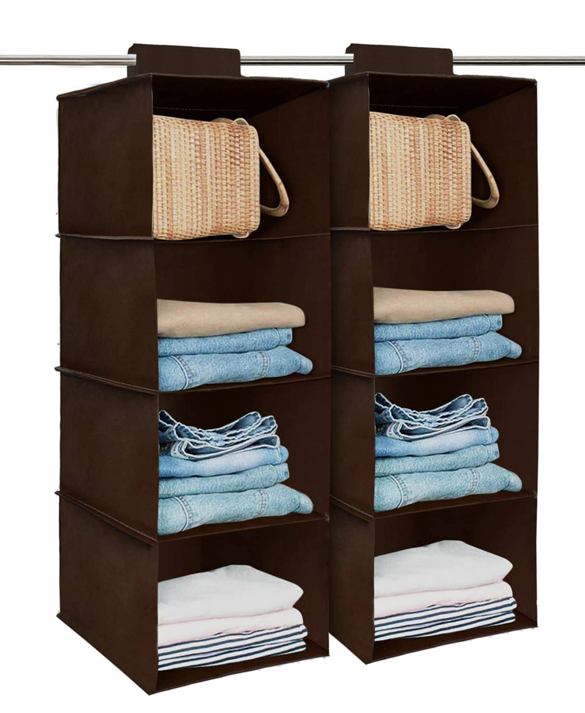 Kuber Industries Non Woven Hanging 4 Shelves Foldable Wardrobe Organizer- Pack of 2 (Brown)-HS40KUBMART23987