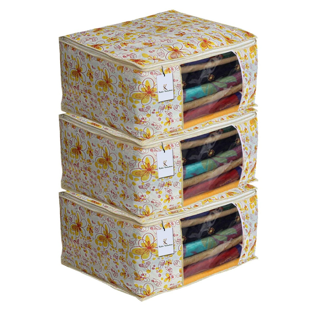 Kuber Industries Flower Design 3 Piece Non Woven Saree Cover Set, Ivory