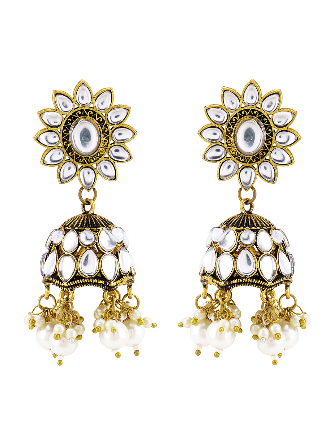 Yellow Chimes Ethnic Gold Plated Flower Design Traditional Stone White Beads Jhumka Earrings for Women and Girls, Medium (YCTJER-88STFLWJH-GL)