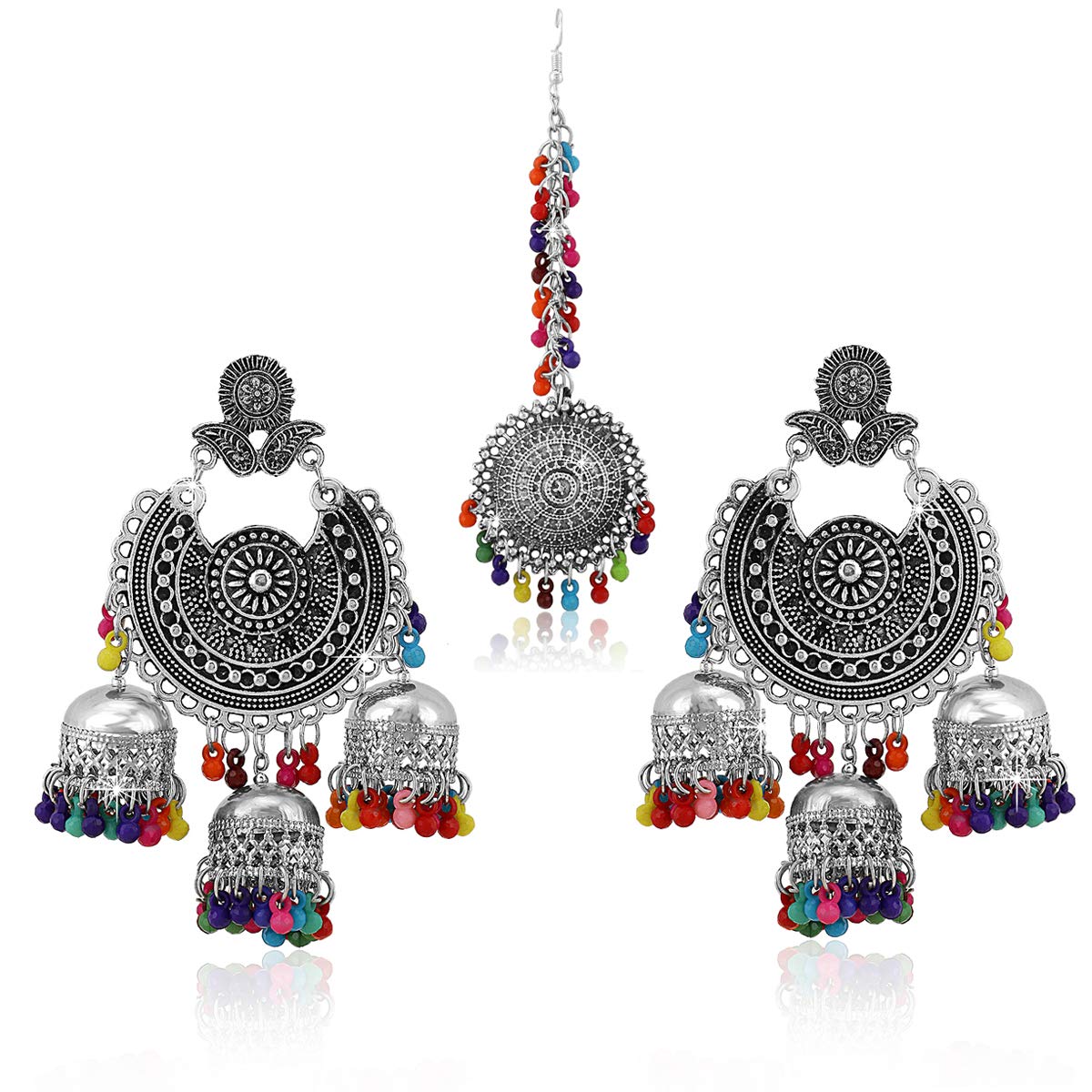 Yellow Chimes Oxidised Earrings for Women Multicolor Silver Oxidised Afghani Navratri Garba Style Traditional Maang Tikka with Jhumka Earrings for Women and Girls